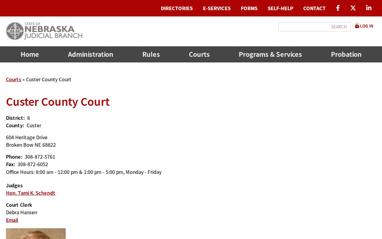 Custer County Court official contact page