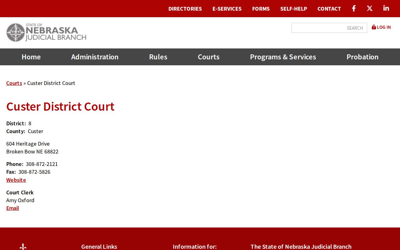 Custer District Court official contact page
