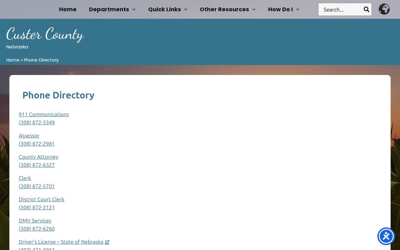 Custer County official phone directory with court and sheriff contacts