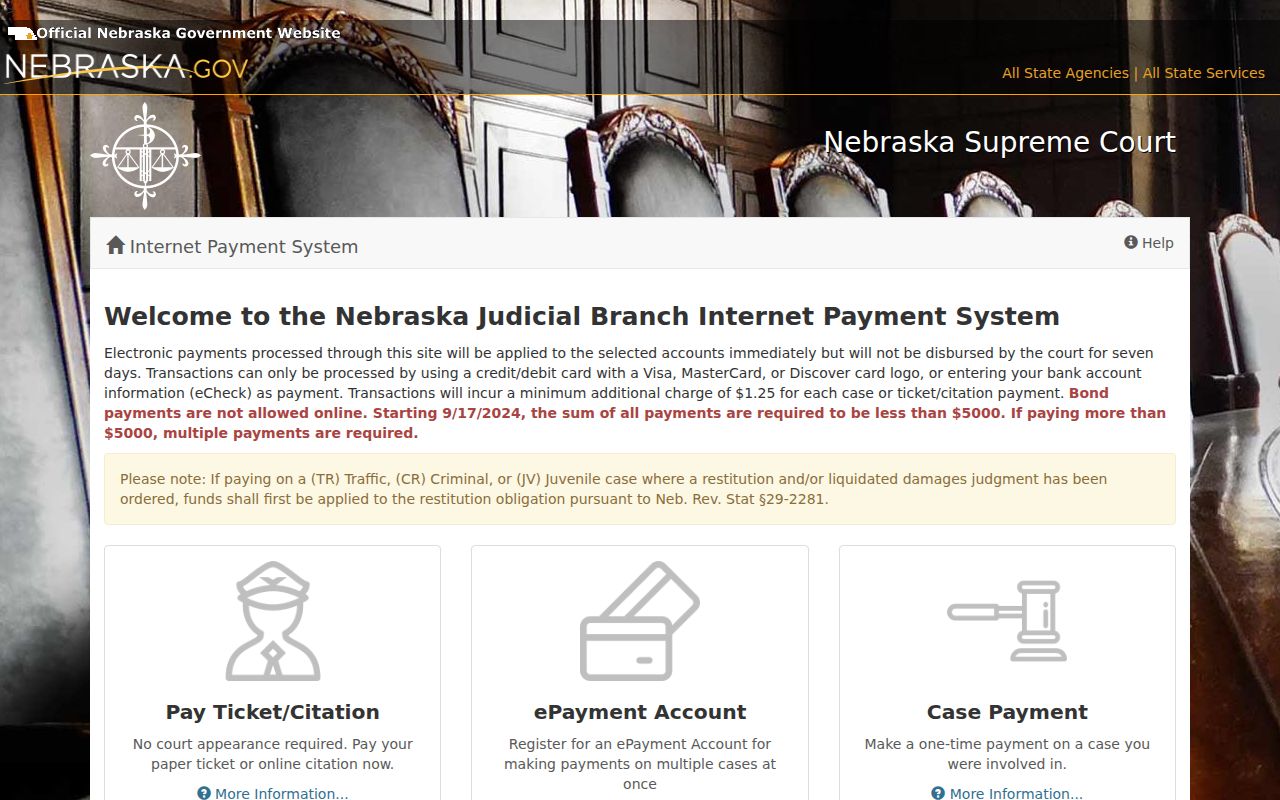 Nebraska Judicial Branch ePayments landing page