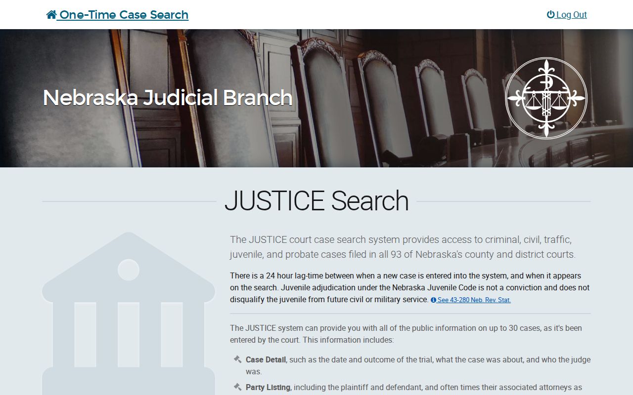 Nebraska JUSTICE court case name search interface