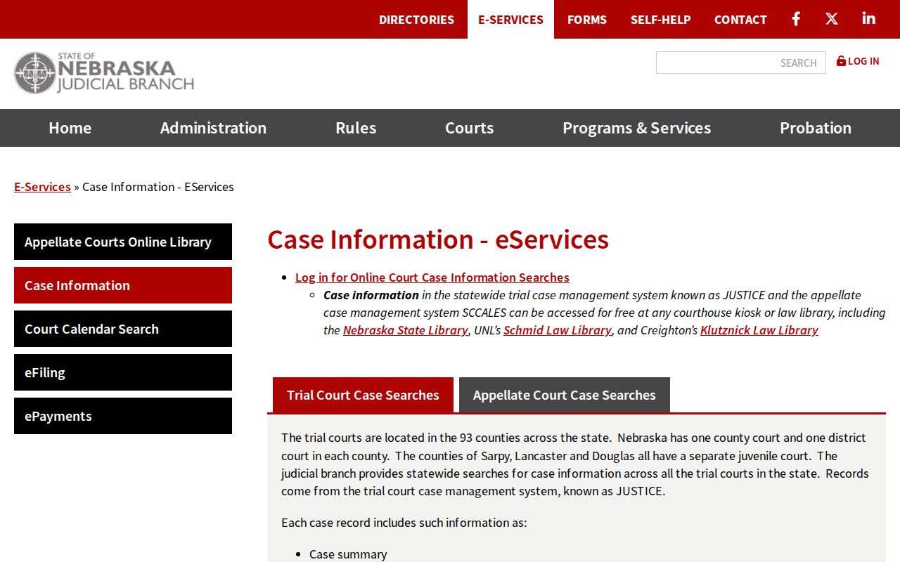 Nebraska Judicial Branch statewide JUSTICE case-search information